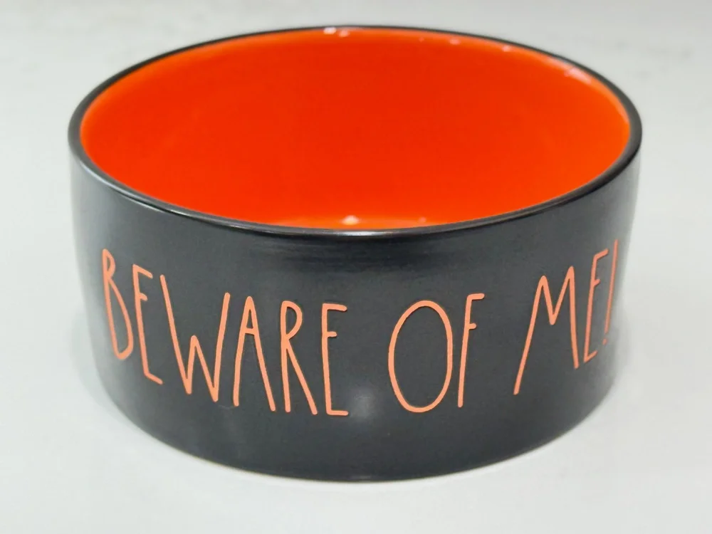 Rae Dunn Beware Of Me Halloween Dog Cat Bowl Black & Orange Ceramic Pet Dish 6